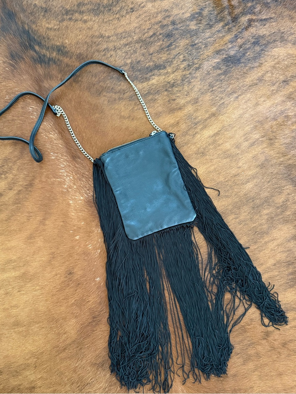 Mango Black Fringe Crossbody Bag with Chain Strap